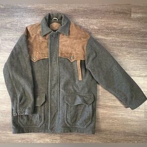 VTG WOOLRICH Size L Wool/Leather Mens Olive Field Jacket Coat Made in USA G10